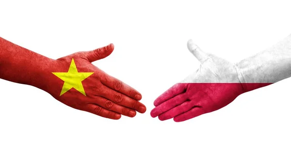 stock image Handshake between Poland and Vietnam flags painted on hands, isolated transparent image.