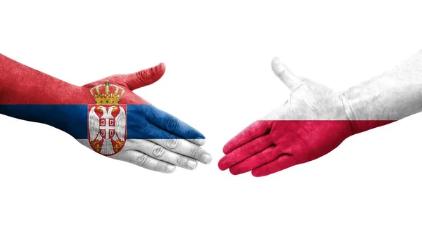 Aperto Mão Entre Polónia Sérvia Bandeiras Pintadas Mãos Imagem Transparente — Fotografia de Stock