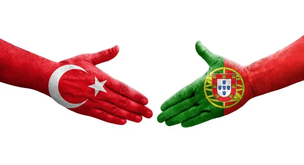 Handslag Mellan Portugal Och Turkiet Flaggor Målade Händer Isolerad Transparent — Stockfoto