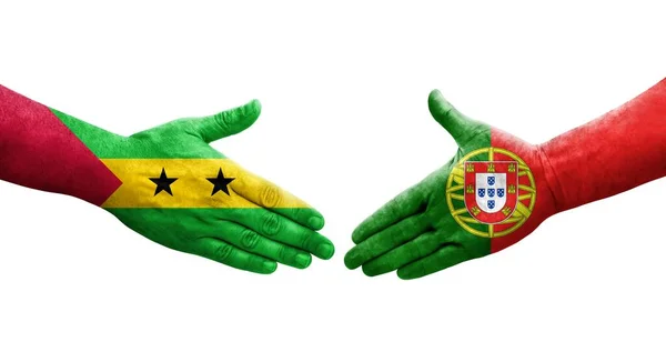 Uścisk Dłoni Między Portugalią Sao Tome Malowane Rękach Flagi Principe — Zdjęcie stockowe