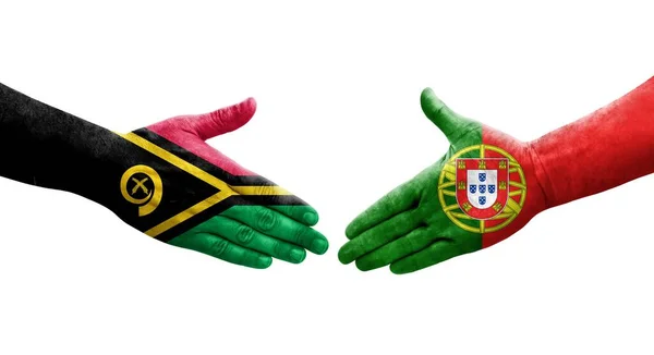Aperto Mão Entre Portugal Bandeiras Vanuatu Pintadas Mãos Imagem Transparente — Fotografia de Stock