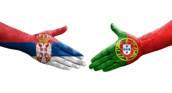 Stretta Mano Tra Portogallo Serbia Bandiere Dipinte Mani Immagine Isolata — Foto Stock