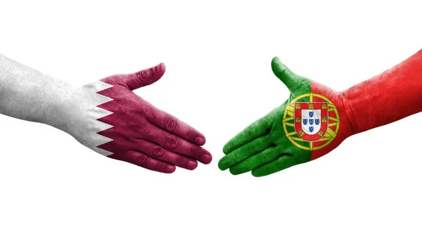 Uścisk Dłoni Między Portugalią Katarskimi Flagami Namalowanymi Dłoniach Odizolowany Przezroczysty — Zdjęcie stockowe