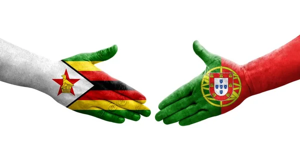 Potřesení Rukou Mezi Portugalskem Zimbabwskými Vlajkami Namalovanými Rukou Izolovaný Průhledný — Stock fotografie