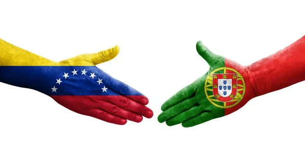 Handslag Mellan Portugal Och Venezuela Flaggor Målade Händer Isolerad Transparent — Stockfoto