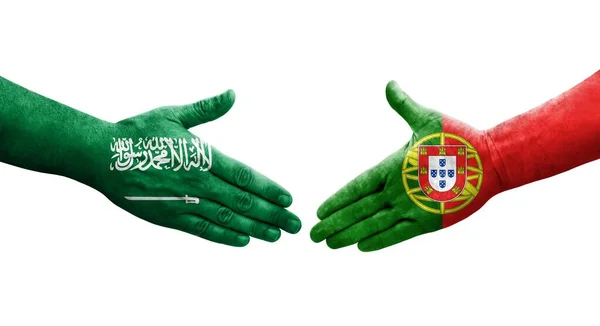 Handslag Mellan Portugal Och Saudiarabien Flaggor Målade Händer Isolerad Transparent — Stockfoto