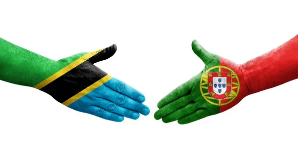Händedruck Zwischen Portugal Und Tansania Flaggen Auf Hände Gemalt Isoliertes — Stockfoto