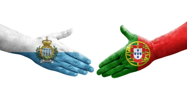 Apretón Manos Entre Portugal San Marino Banderas Pintadas Las Manos —  Fotos de Stock