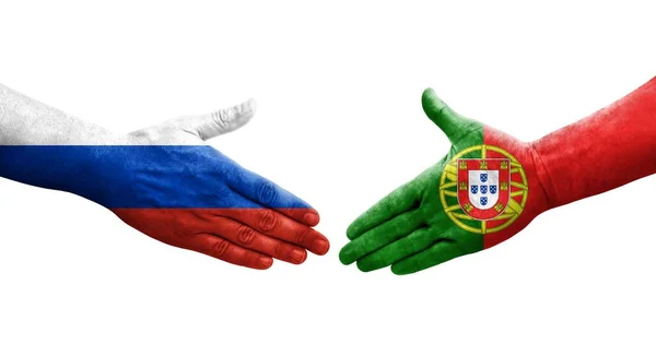 Handshake Portugal Russia Flags Painted Hands Isolated Transparent Image — Stock Photo, Image