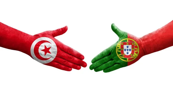Portekiz Tunus Bayrakları Arasındaki Sıkışma Ellerinde Resmedilmiş Şeffaf Görüntü — Stok fotoğraf