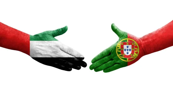 Handdruk Tussen Portugal Vae Vlaggen Handen Geschilderd Geïsoleerd Transparant Beeld — Stockfoto