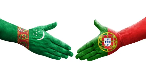 Apretón Manos Entre Portugal Turkmenistán Banderas Pintadas Las Manos Imagen — Foto de Stock