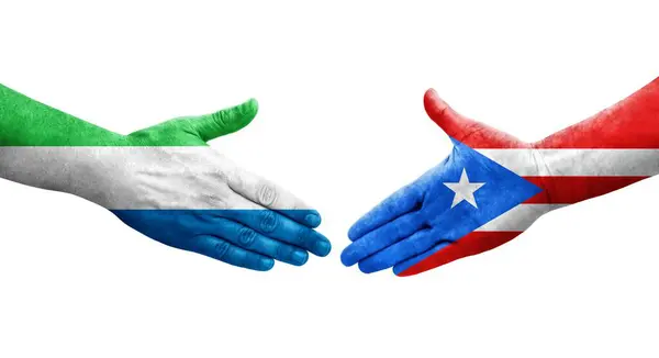 Рукостискання Між Пуерто Рико Сьєрра Леоне Прапори Намальовані Руках Ізольоване — стокове фото