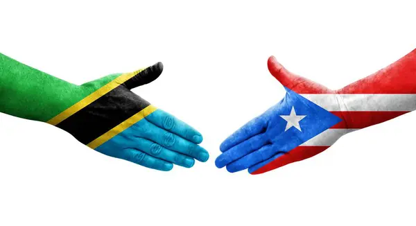 Saludo Entre Banderas Puerto Rico Tanzania Pintadas Las Manos Imagen —  Fotos de Stock