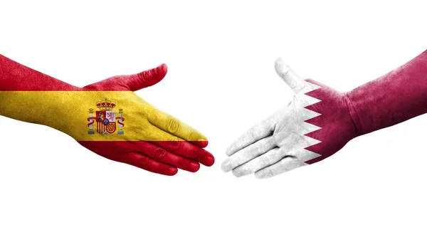 카타르와 스페인 국기가 그려진 이미지를 악수를 — 스톡 사진
