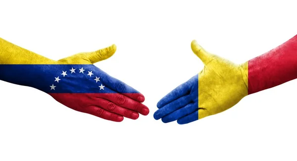 Uścisk Dłoni Między Rumunią Wenezuelą Flagi Malowane Rękach Odizolowany Przezroczysty — Zdjęcie stockowe