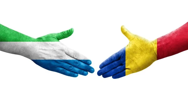 Aperto Mão Entre Roménia Serra Leoa Bandeiras Pintadas Mãos Imagem — Fotografia de Stock