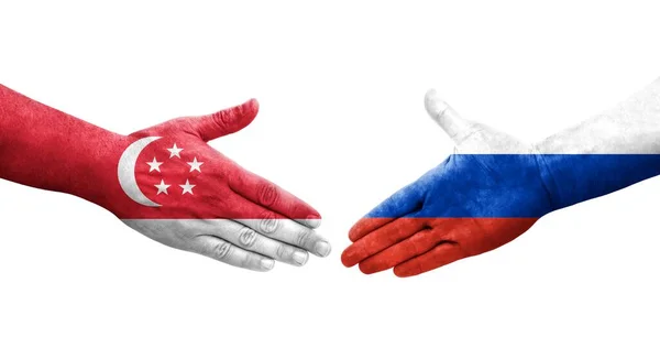 Handshake Russia Singapore Flags Painted Hands Isolated Transparent Image — Stock Photo, Image