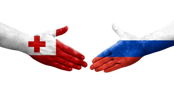 Handshake Russia Tonga Flags Painted Hands Isolated Transparent Image — Stock Photo, Image