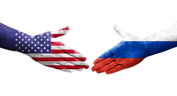Χειραψία Μεταξύ Ρωσίας Και Ηπα Σημαίες Ζωγραφισμένα Στα Χέρια Απομονωμένη — Φωτογραφία Αρχείου
