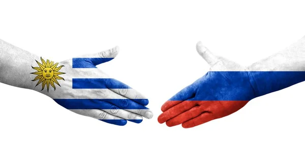 Apretón Manos Entre Rusia Uruguay Banderas Pintadas Las Manos Imagen — Foto de Stock