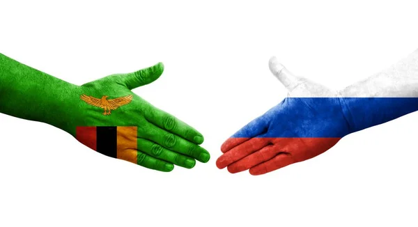 Рукостискання Між Російськими Замбійськими Прапорами Намальоване Руках Ізольоване Прозоре Зображення — стокове фото
