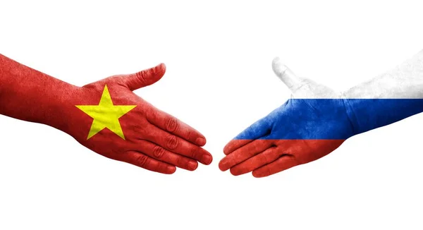 Рукопожатие Между Россией Вьетнамом Раскрашенные Руках Флаги Изолированное Прозрачное Изображение — стоковое фото