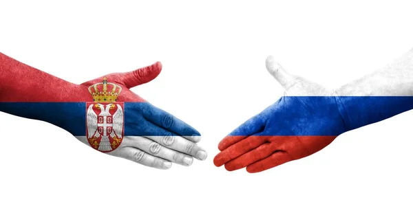 Χειραψία Μεταξύ Ρωσίας Και Σερβίας Σημαίες Ζωγραφισμένες Στα Χέρια Απομονωμένη — Φωτογραφία Αρχείου