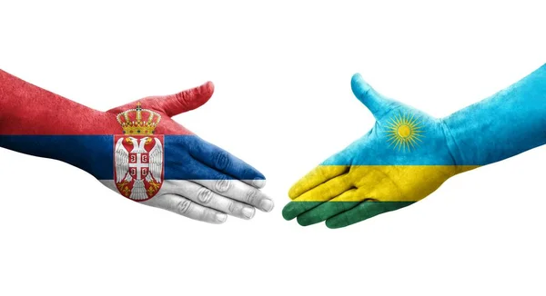 Handshake Entre Ruanda Sérvia Bandeiras Pintadas Mãos Imagem Transparente Isolada — Fotografia de Stock