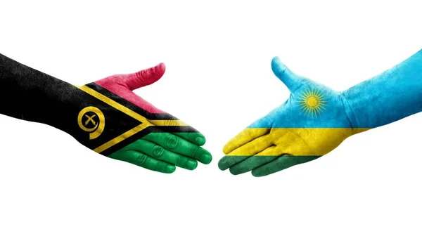 Aperto Mão Entre Bandeiras Ruanda Vanuatu Pintadas Mãos Imagem Transparente — Fotografia de Stock