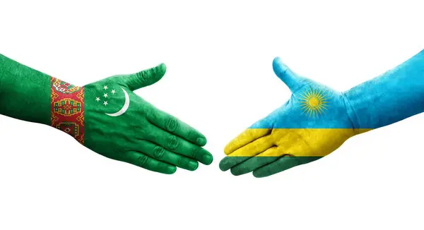 Рукопожатие Между Флагом Руанды Туркменистана Нарисованное Руках Изолированное Прозрачное Изображение — стоковое фото