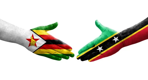 Рукопожатие Между Флагами Сент Китса Невиса Зимбабве Нарисованное Руках Изолированное — стоковое фото