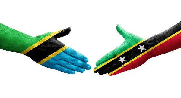 Aperto Mão Entre São Cristóvão Nevis Bandeiras Tanzânia Pintadas Mãos — Fotografia de Stock