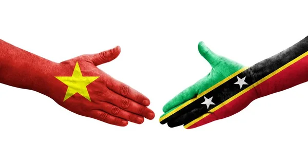 Händedruck Zwischen Kitts Und Nevis Und Vietnam Flaggen Auf Hände — Stockfoto