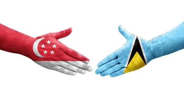 Handshake Saint Lucia Singapore Flags Painted Hands Isolated Transparent Image — Stock Photo, Image