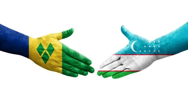 Kézfogás Szent Vincent Grenadine Üzbegisztán Zászlók Között Kézzel Festve Elszigetelt — Stock Fotó