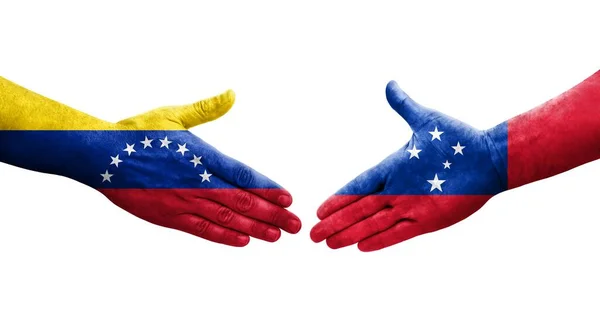 萨摩亚和委内瑞拉之间握手 手绘国旗 孤立透明的图像 — 图库照片
