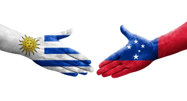 Händedruck Zwischen Samoa Und Uruguay Flaggen Auf Hände Gemalt Isoliertes — Stockfoto