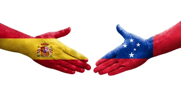 萨摩亚和西班牙之间的握手 手绘国旗 孤立透明的图像 — 图库照片