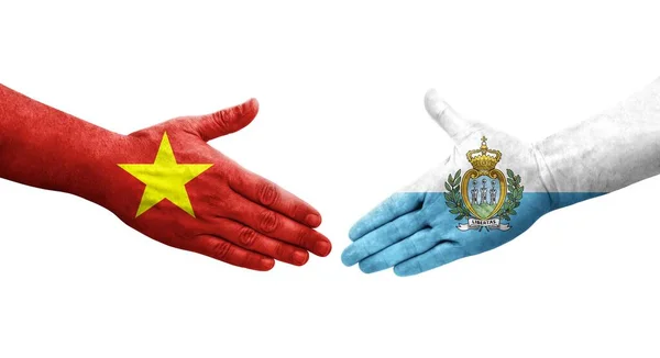 Aperto Mão Entre San Marino Bandeiras Vietnã Pintadas Mãos Imagem — Fotografia de Stock