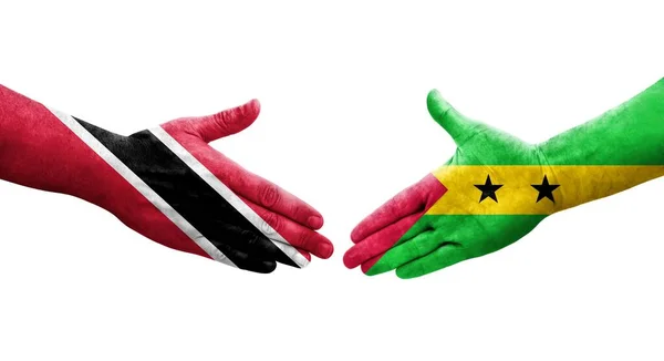 Рукопожатие Между Флагами Сан Томе Принсипи Тринидад Тобаго Нарисованное Руках — стоковое фото
