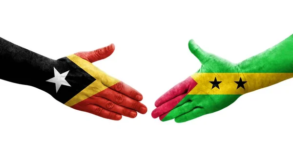 Sao Tome Principe Timor Leste Bayrakları Arasındaki Tokalaşma Elleri Boyalı — Stok fotoğraf
