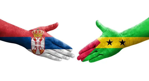 Рукостискання Між Сан Томе Принцом Сербією Прапори Намальовані Руках Ізольоване — стокове фото