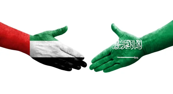 Händedruck Zwischen Flaggen Saudi Arabiens Und Der Vereinigten Arabischen Emirate — Stockfoto