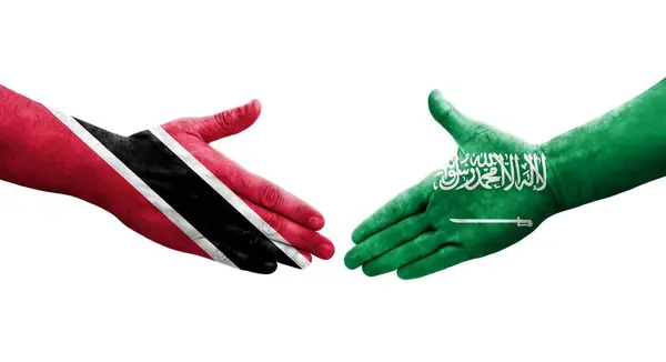 Poignée Main Entre Arabie Saoudite Trinité Tobago Drapeaux Peints Sur — Photo