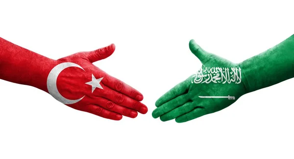 沙乌地阿拉伯和土耳其之间握手 手绘国旗 孤立透明的图像 — 图库照片