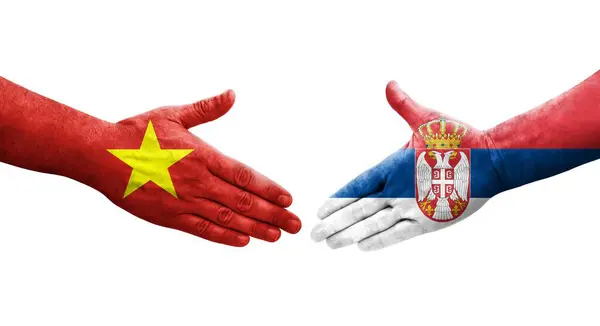 Apretón Manos Entre Serbia Vietnam Banderas Pintadas Las Manos Imagen — Foto de Stock