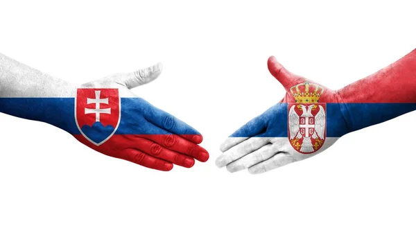 Χειραψία Μεταξύ Σερβίας Και Σλοβακίας Σημαίες Ζωγραφισμένες Χέρια Απομονωμένη Διαφανής — Φωτογραφία Αρχείου