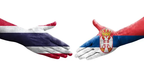 Aperto Mão Entre Sérvia Tailândia Bandeiras Pintadas Mãos Imagem Transparente — Fotografia de Stock