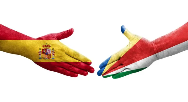 塞舌尔和西班牙之间的握手 手绘国旗 孤立透明的图像 — 图库照片